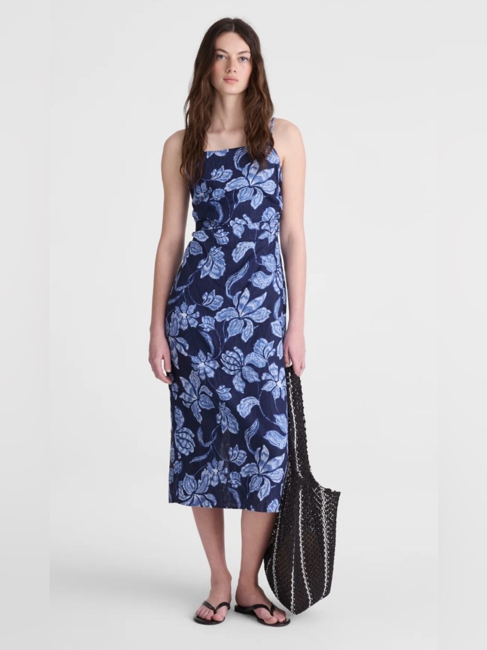 Madewell Ruched Squareneck Sleeveless Linen
Midi Dress (NWT)